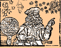 Dibujo del astrónomo antiguo con el sol, la luna, las estrellas, los plantets y las herramientas de adivinar para los horoscopes y las predicciones del futuro,Nostradamus astrólogo y un profeta oculto (1503 -1566) Michel de Nostredame