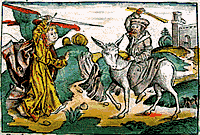God's Angel threatens Balaam who is warned by his talking donkey; Balaam repents and is spared by God's Angel. A Biblical illustration by Hartmann Schedel (1440-1514), from The Nuremberg Chronicle.