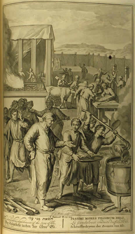 Eli and two sons, Hophni and Phinebas, The scandalous deportment of the sons of Eli. An illustration from Figures de la Bible (1728). Clipart Dibujo del Elí y dos hijos de Elí, Ofni y Finees.