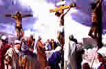 Jesus Christ Pictures:Jesus Christ on the cross being crucified between two criminals. Click to enlarge this famous Christian religious painting.
