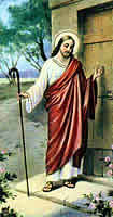 Jesus Christ Pictures: Jesus Christ the Good Shepherd, the Lamb of God, the Christian Savior knocking at the door. Click to enlarge this famous Christian religious painting.
