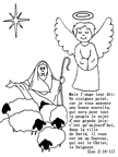 Dessin de bergers et le ange et l’etoile de Bethléem; coloriage pour les enfants. Mots de la bible de Luc 2:10-11.