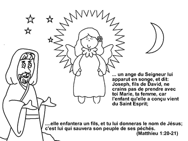 Page de Noël à colorer, une image de Joseph et un ange.Citations de la bible:Matthieu 1:20-21.