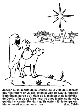 Coloriage de Joseph, Vierge Marie et l’etoile de Bethléem. Mots de la bible de Luc 2:4-6. 