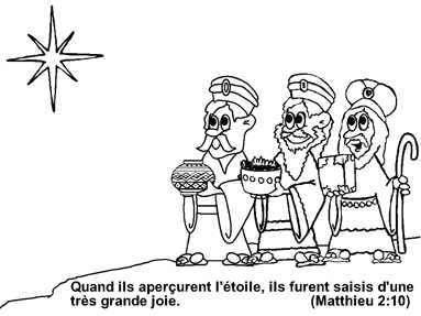 Coloriage page, l’etoile de Bethléem avec les trois mages. Citations de la bible: Matthieu 1:22-23.