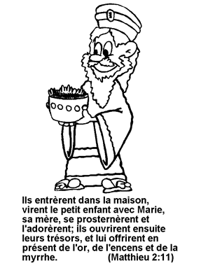 Coloriage de de Noël, Roi Mage et lui offrirent en présent. Citations de la bible: Matthieu 2:11.