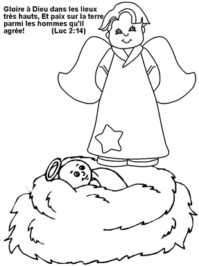Coloriage de Noël, un ange et le bébé Jésus Christ. Mots de la bible de Luc 2:14.
