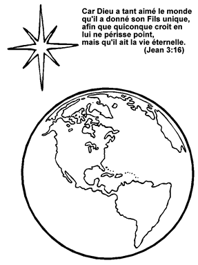 Coloriage de la Terre et l�etoile de Bethl�em.Citations de la bible: Jean 3:16.
