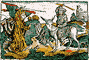 Un dessin de l'ange de l'Eternel, Balaam et son âne qui parle, une illustration biblique de Hartmann Schedel (1440-1514) du journal Nuremberg. L'ange de Dieu, Balaam et son âne qui parle sont tirés d'une histoire biblique du chapitre 22 sur la façon dont les richesses et l'argent peuvent corrompre.