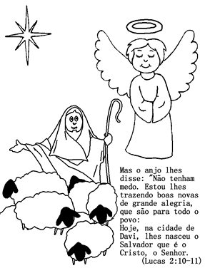 Imagen do anjos, pastores, e a Estrela de Belém  - Desenhos Natal para colorir com mensagens biblicas.
