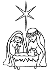 Nascimento de Jesus Cristo, imagen do José, virgim Maria, Jesus Cristo bebê e a Estrela de Belém - Clipart para colorir, imagens de Natal gratuito.