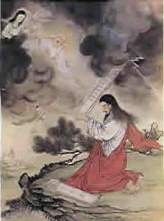 古色古香的中國基督徒聖經圖片或圖畫:摩西,上帝和十個指令的片劑。