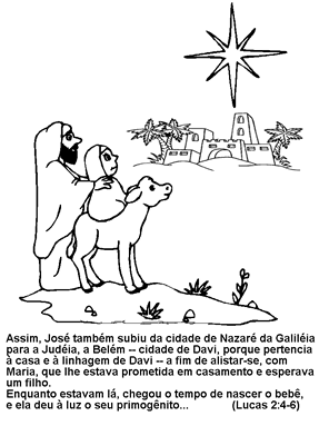 Desenho do José, virgim Maria e a Estrela de Belém e a Cidade de Belém  - Desenhos Natal para colorir com mensagens biblicas.