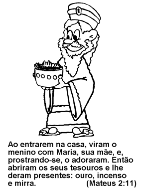Desenho do Imagen do Mago com um presente para o bebê Jesus Cristo-Desenhos Natal para colorir com palavras do biblia.