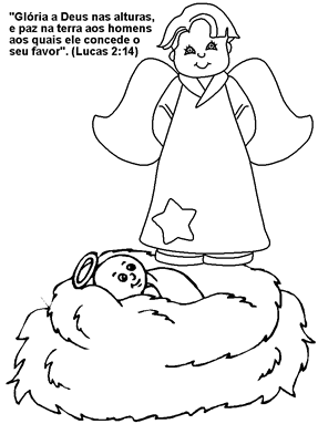 Nascimento de Jesus Cristo, Imagen do anjos e a Jesus Cristo bebê - Desenhos Natal para colorir com mensagens biblicas.